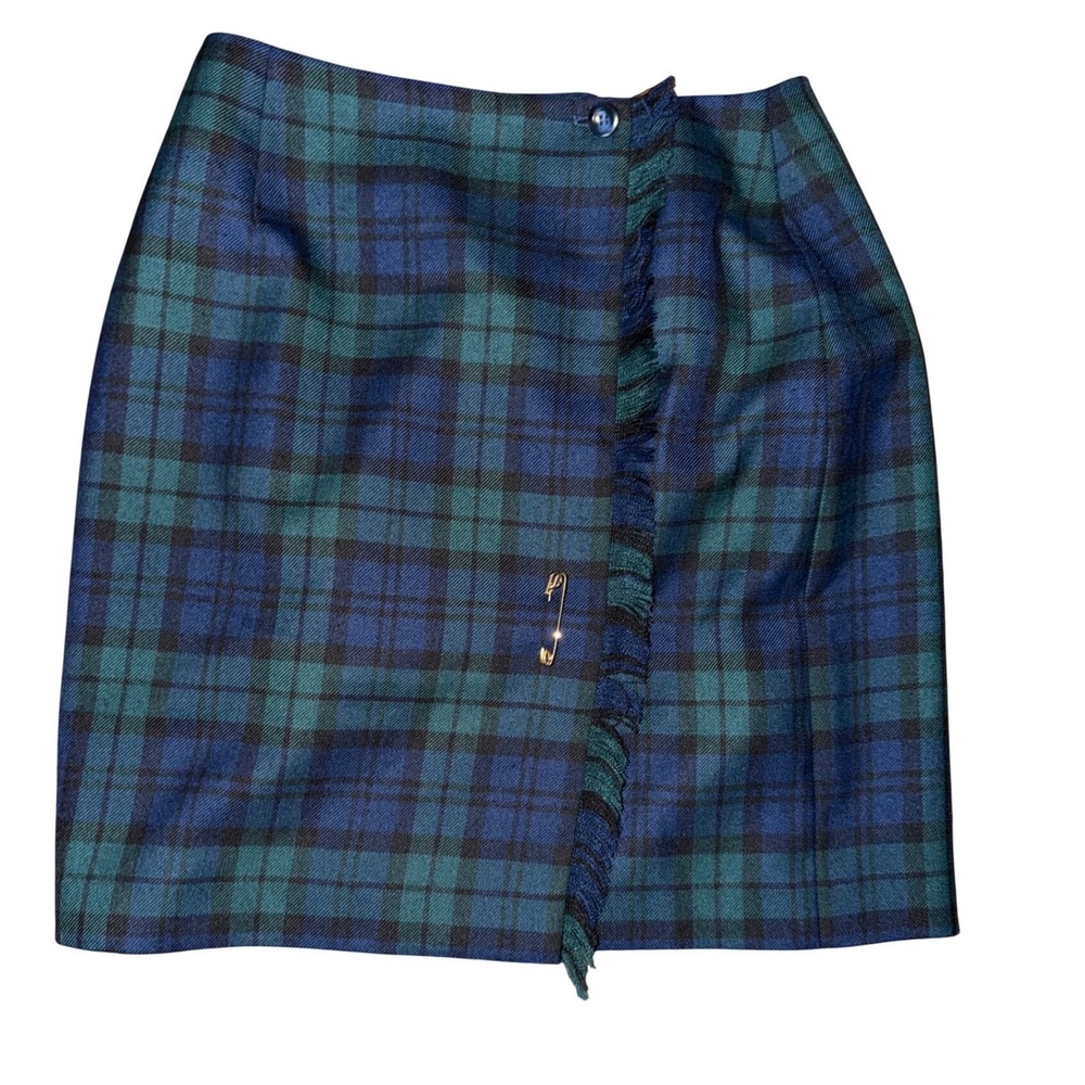 Cambridge Dry Goods Vintage Plaid Mini Wrap Skirt Navy Green Wool‎ Blend 8